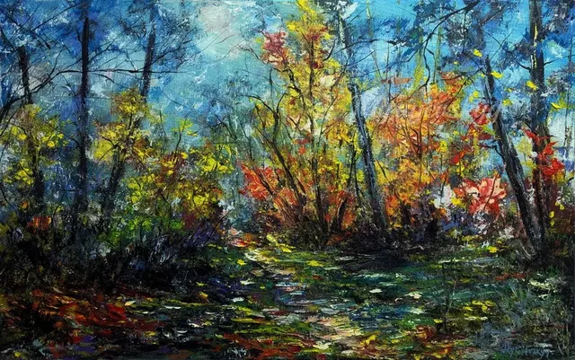 Path through the woods — original impressionist oil painting by Volodymyr Myriyevskyy, 80 × 50 cm (31″ × 20″)