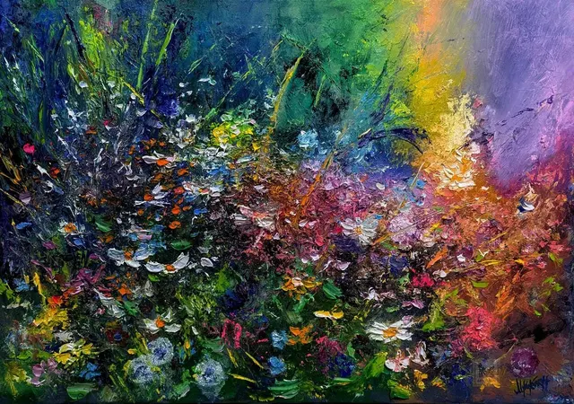 Fantasy of Wildflowers — original impressionist oil painting by Volodymyr Myriyevskyy, 70 × 50 cm (28″ × 20″)