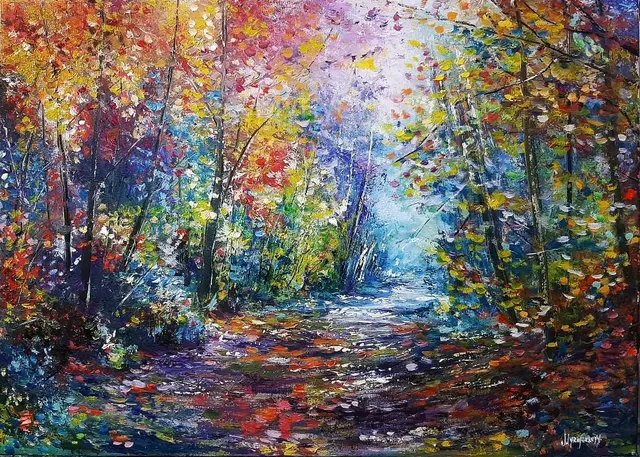 Shadows in Forest — original impressionist oil painting by Volodymyr Myriyevskyy, 70 × 50 cm (28″ × 20″)