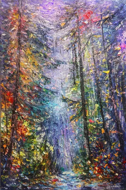 Forest of Dreams in Violet Light — original impressionist oil painting by Volodymyr Myriyevskyy, 40 × 60 cm (16″ × 24″)