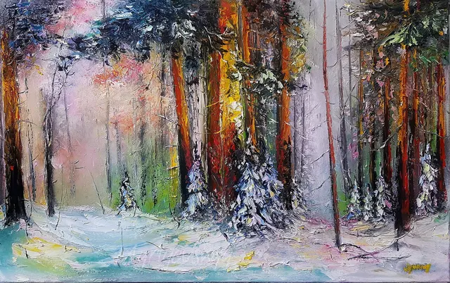 Snow forest — original impressionist oil painting by Volodymyr Myriyevskyy, 80 × 50 cm (31″ × 20″)