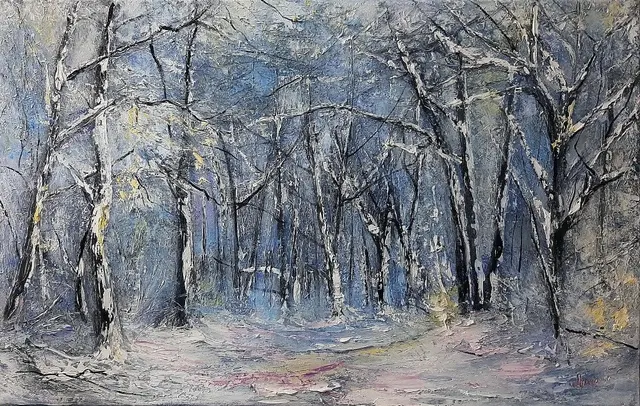 Winter Forest in Blue and Pink — original impressionist oil painting by Volodymyr Myriyevskyy, 80 × 50 cm (31″ × 20″)
