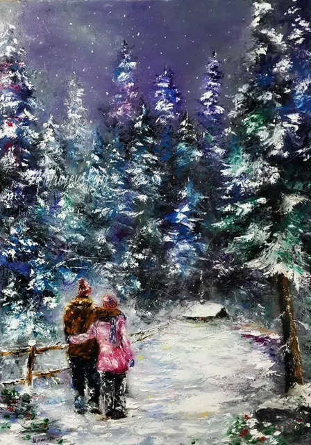 Holidays together — original impressionist oil painting by Volodymyr Myriyevskyy, 50 × 70 cm (20″ × 28″)
