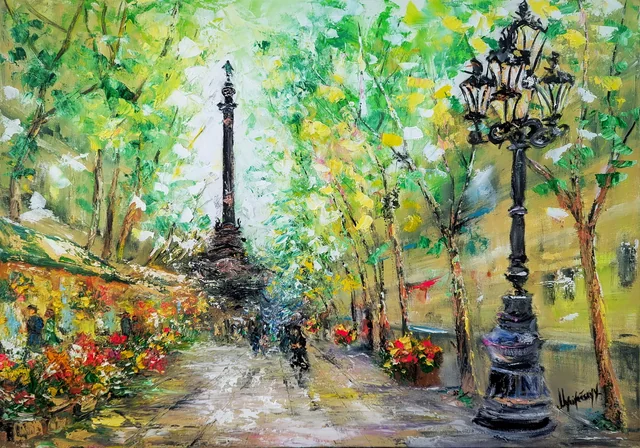 La Rambla, Columbus Monument (Barcelona) — original impressionist oil painting by Volodymyr Myriyevskyy, 70 × 50 cm (28″ × 20″)