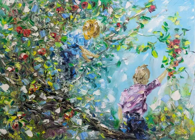 Somewhere In childhood — original impressionist oil painting by Volodymyr Myriyevskyy, 70 × 50 cm (28″ × 20″)