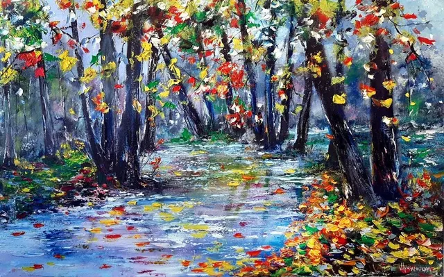 Autumn stroll — original impressionist oil painting by Volodymyr Myriyevskyy, 80 × 50 cm (31″ × 20″)