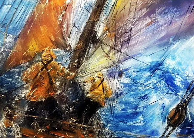 Harsh Adventures, Yellow Oilskins — original impressionist oil painting by Volodymyr Myriyevskyy, 70 × 50 cm (28″ × 20″)