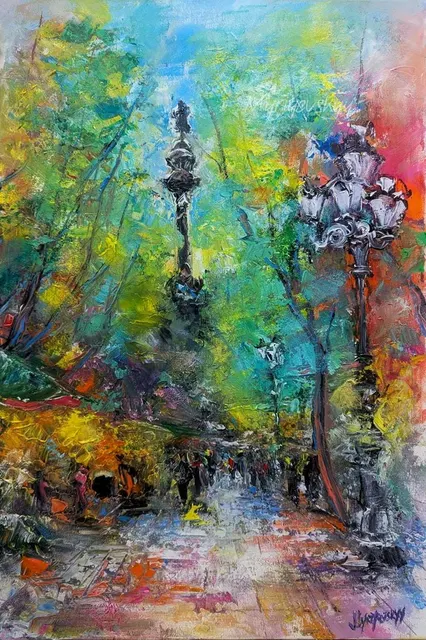 La Rambla, Busy Boulevard (Barcelona) — original impressionist oil painting by Volodymyr Myriyevskyy, 40 × 60 cm (16″ × 24″)