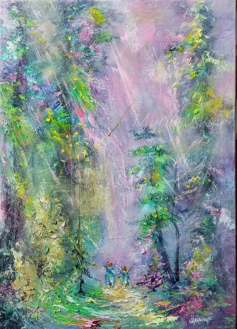 Light deep in the woods — original impressionist oil painting by Volodymyr Myriyevskyy, 50 × 70 cm (20″ × 28″)