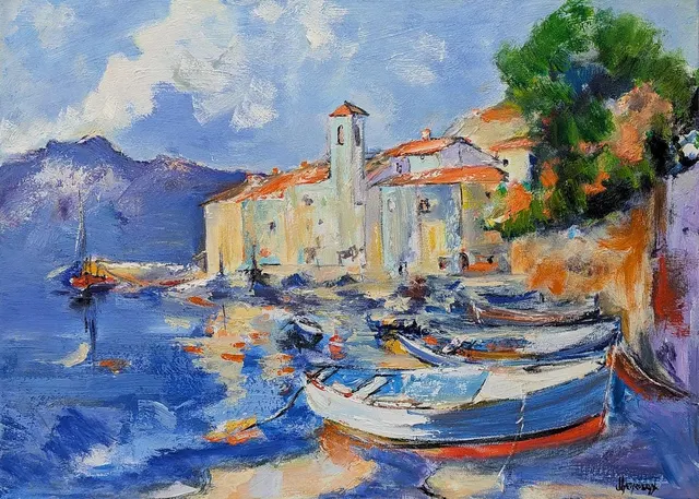 Mediterranean coastal village — original impressionist oil painting by Volodymyr Myriyevskyy, 70 × 50 cm (28″ × 20″)