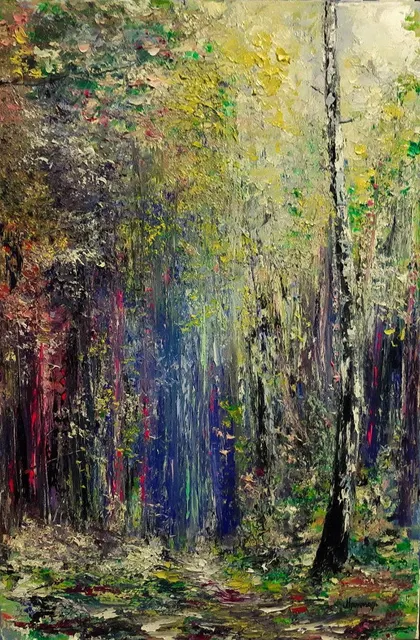 Sunlight in forest — original impressionist oil painting by Volodymyr Myriyevskyy, 40 × 60 cm (16″ × 24″)