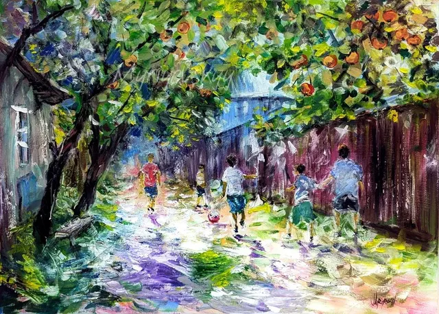 Childhood memories — original impressionist oil painting by Volodymyr Myriyevskyy, 70 × 50 cm (28″ × 20″)