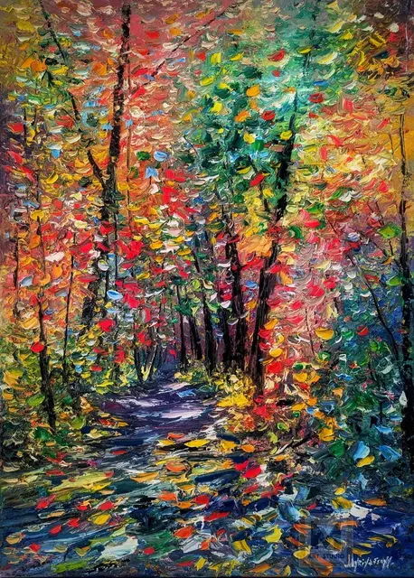 Forest Shadows — original impressionist oil painting by Volodymyr Myriyevskyy, 50 × 70 cm (20″ × 28″)