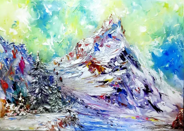Mountain climbers — original impressionist oil painting by Volodymyr Myriyevskyy, 70 × 50 cm (28″ × 20″)