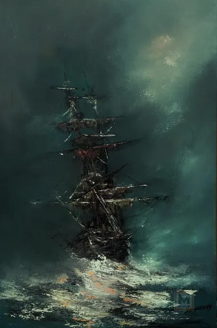 Night Passage (Chronicles of the Moonlit Seas) — original impressionist oil painting by Volodymyr Myriyevskyy, 40 × 60 cm (16″ × 24″)