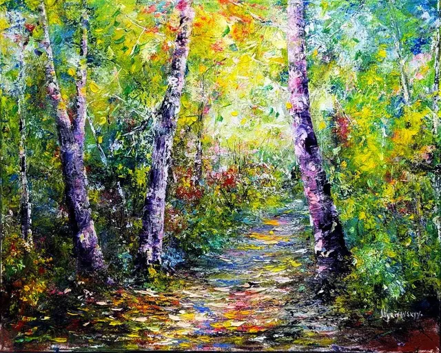 Forest with birch trees — original impressionist oil painting by Volodymyr Myriyevskyy, 60 × 50 cm (24″ × 20″)