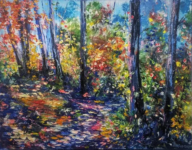 Purple Forest — original impressionist oil painting by Volodymyr Myriyevskyy, 50 × 40 cm (20″ × 16″)