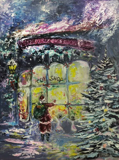 Christmas toy store & Santa Claus — original impressionist oil painting by Volodymyr Myriyevskyy, 60 × 80 cm (24″ × 31″)