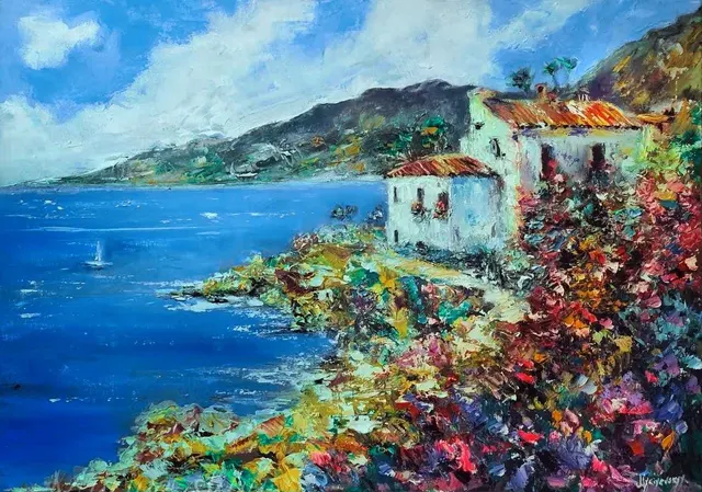 House By The Sea Among Flowers — original impressionist oil painting by Volodymyr Myriyevskyy, 70 × 50 cm (28″ × 20″)