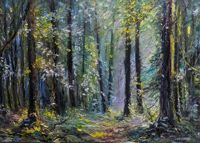Deep forest — original impressionist oil painting by Volodymyr Myriyevskyy, 70 × 50 cm (28″ × 20″)