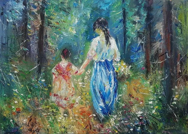 A Walk in the Summer Woods — original impressionist oil painting by Volodymyr Myriyevskyy, 70 × 50 cm (28″ × 20″)