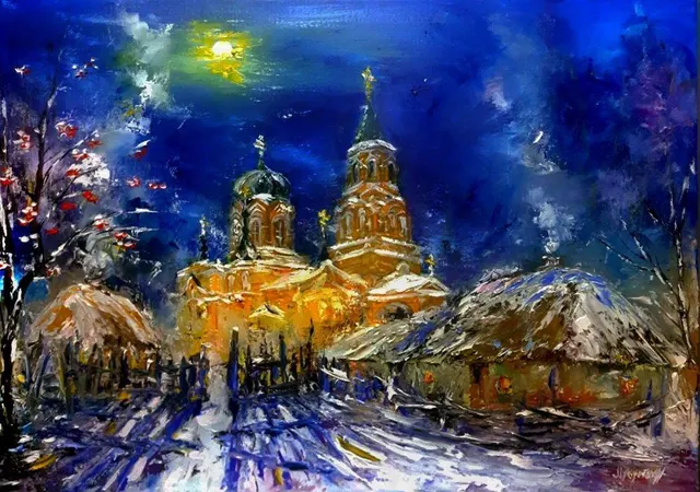 Old Village Church — original impressionist oil painting by Volodymyr Myriyevskyy, 70 × 50 cm (28″ × 20″)