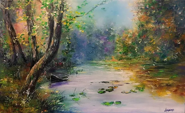 Enchanted Forest Lake — original impressionist oil painting by Volodymyr Myriyevskyy, 80 × 50 cm (31″ × 20″)