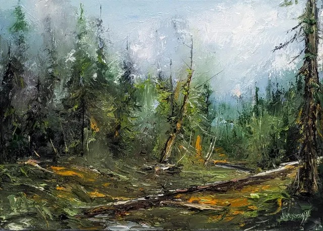 Enchanted Misty Forest — original impressionist oil painting by Volodymyr Myriyevskyy, 70 × 50 cm (28″ × 20″)