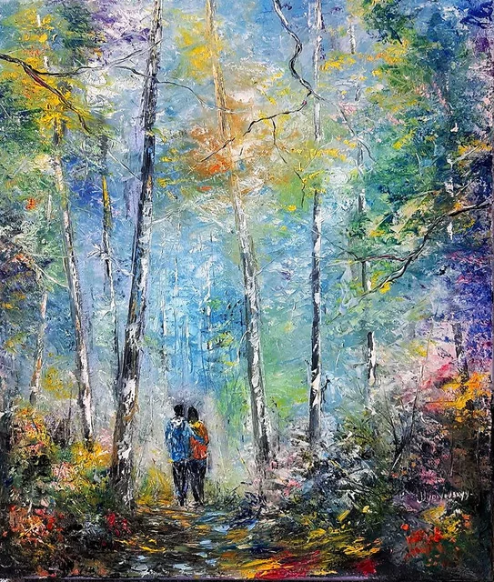 Romantic Stroll Among the Birches — original impressionist oil painting by Volodymyr Myriyevskyy, 50 × 60 cm (20″ × 24″)