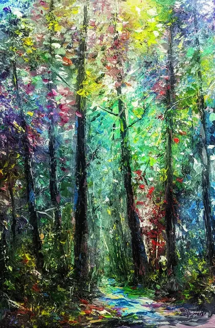 Emerald Forest Trail, Deep Green — original impressionist oil painting by Volodymyr Myriyevskyy, 40 × 60 cm (16″ × 24″)