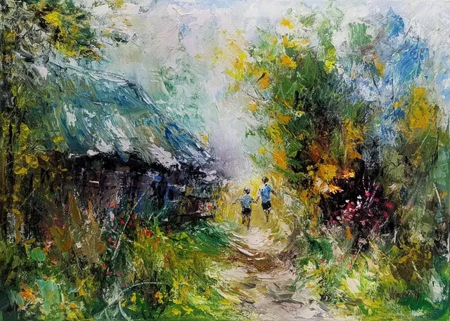 Carefree days of childhood — original impressionist oil painting by Volodymyr Myriyevskyy, 70 × 50 cm (28″ × 20″)