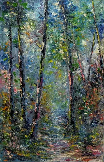 Path to a forest fairy tale — original impressionist oil painting by Volodymyr Myriyevskyy, 40 × 60 cm (16″ × 24″)
