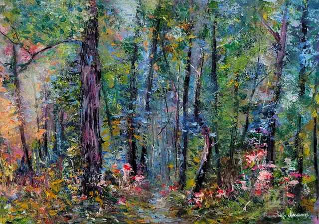 Forest Serenity — original impressionist oil painting by Volodymyr Myriyevskyy, 70 × 50 cm (28″ × 20″)