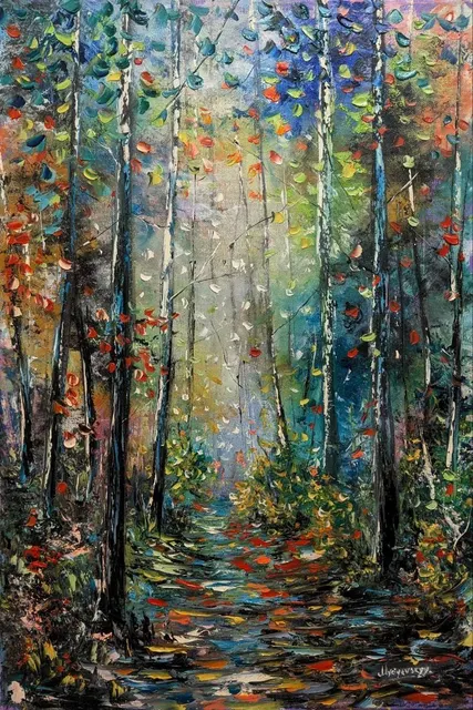Path in the Woods, Drifting Leaves — original impressionist oil painting by Volodymyr Myriyevskyy, 40 × 60 cm (16″ × 24″)