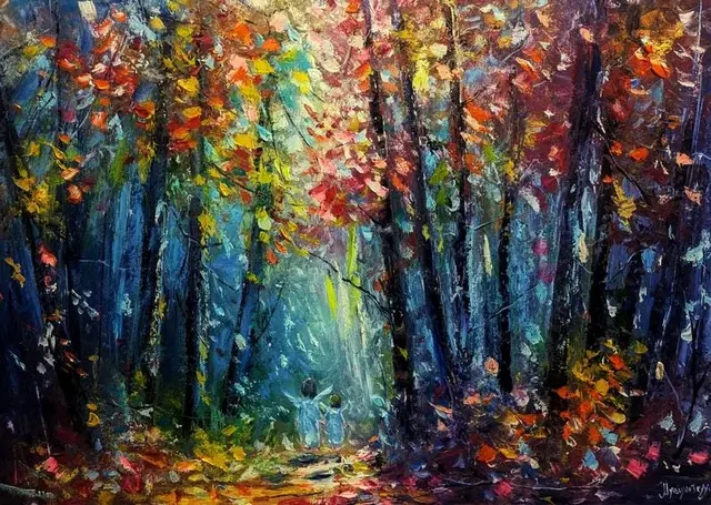 Angelic Light in the Forest — original impressionist oil painting by Volodymyr Myriyevskyy, 70 × 50 cm (28″ × 20″)