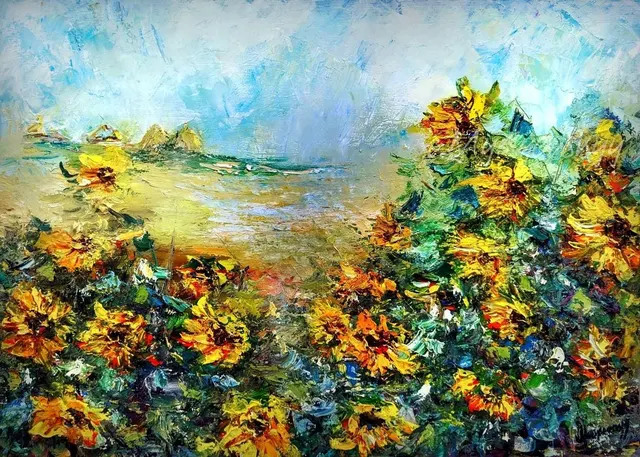 Sunflowers in the wind — original impressionist oil painting by Volodymyr Myriyevskyy, 70 × 50 cm (28″ × 20″)