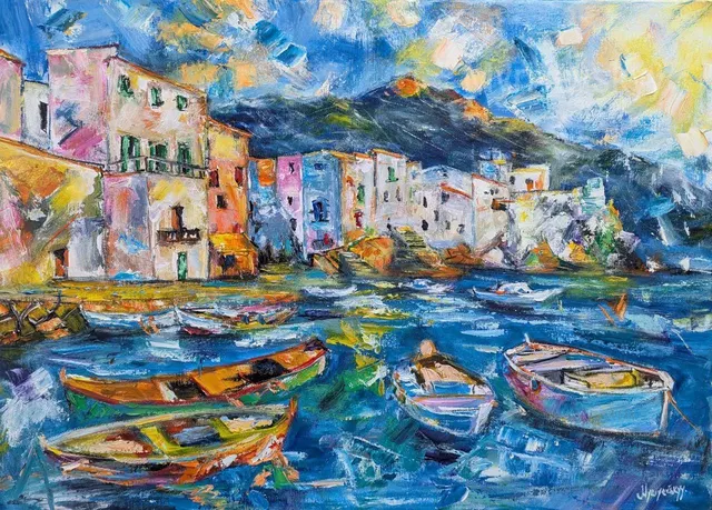 Fishing village — original impressionist oil painting by Volodymyr Myriyevskyy, 70 × 50 cm (28″ × 20″)
