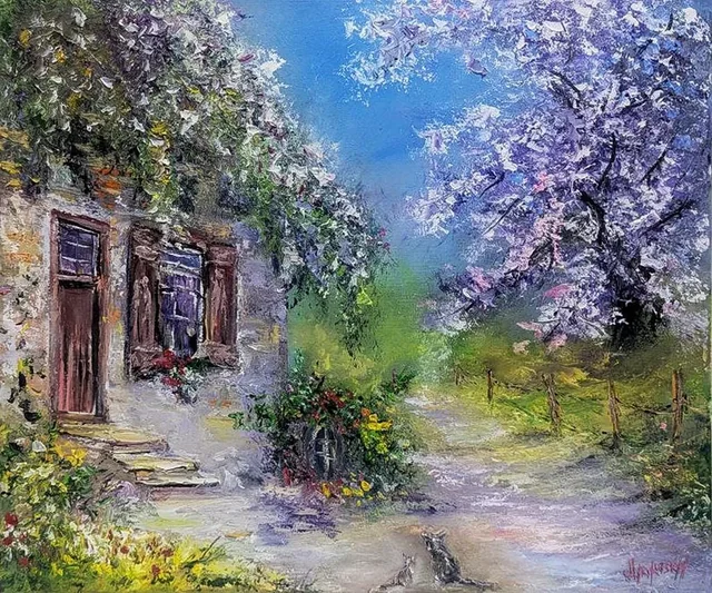 Cats in Garden — original impressionist oil painting by Volodymyr Myriyevskyy, 60 × 50 cm (24″ × 20″)