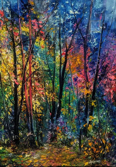 Colors of the Forest — original impressionist oil painting by Volodymyr Myriyevskyy, 50 × 70 cm (20″ × 28″)