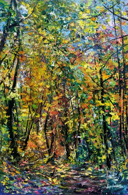 Deep Autumn Forest — original impressionist oil painting by Volodymyr Myriyevskyy, 40 × 60 cm (16″ × 24″)