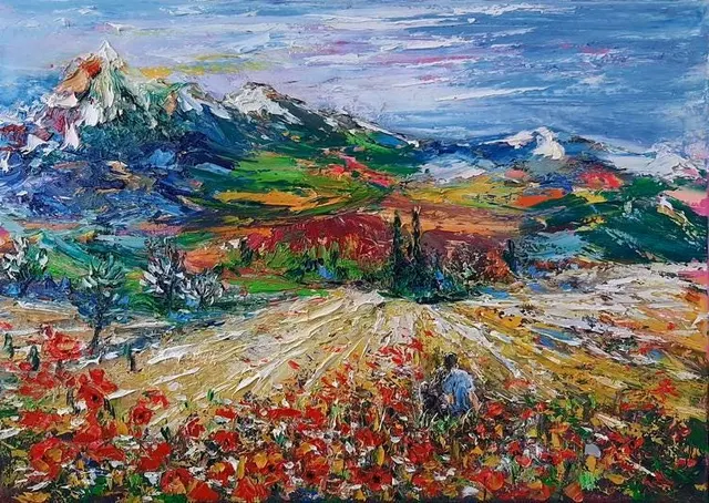Mountain Meadow in Bloom — original impressionist oil painting by Volodymyr Myriyevskyy, 70 × 50 cm (28″ × 20″)