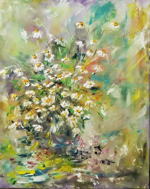 Daisies in bloom — original impressionist oil painting by Volodymyr Myriyevskyy, 40 × 50 cm (16″ × 20″)