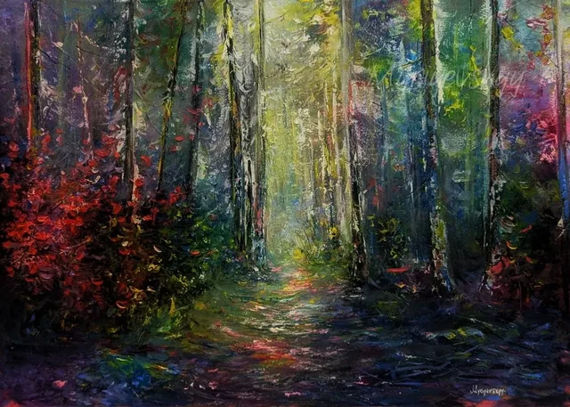 Mystical Forest Path in Sunlight — original impressionist oil painting by Volodymyr Myriyevskyy, 70 × 50 cm (28″ × 20″)