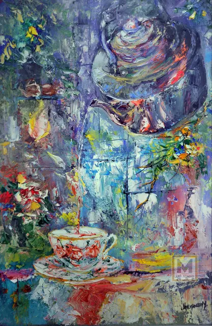 Pouring tea into cup — original impressionist oil painting by Volodymyr Myriyevskyy, 40 × 60 cm (16″ × 24″)