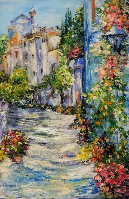 Mediterranean Flower Street — original impressionist oil painting by Volodymyr Myriyevskyy, 40 × 60 cm (16″ × 24″)