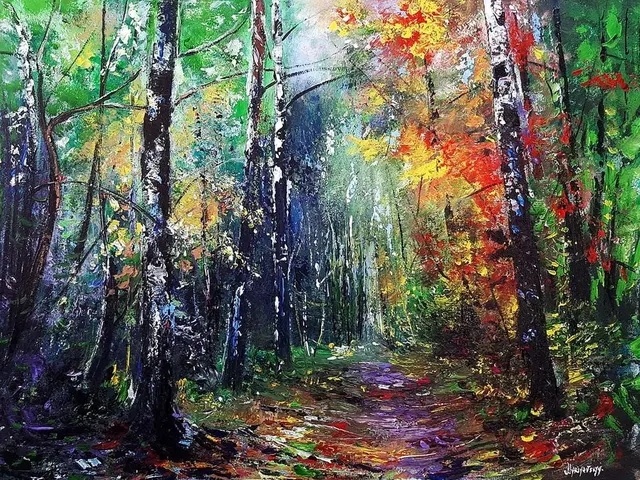 Colorful Woods Walk — original impressionist oil painting by Volodymyr Myriyevskyy, 80 × 60 cm (31″ × 24″)