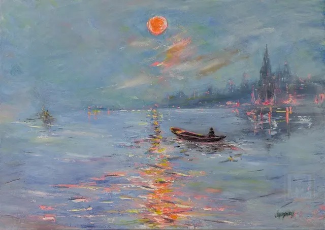 Evening on the Water — original impressionist oil painting by Volodymyr Myriyevskyy, 70 × 50 cm (28″ × 20″)