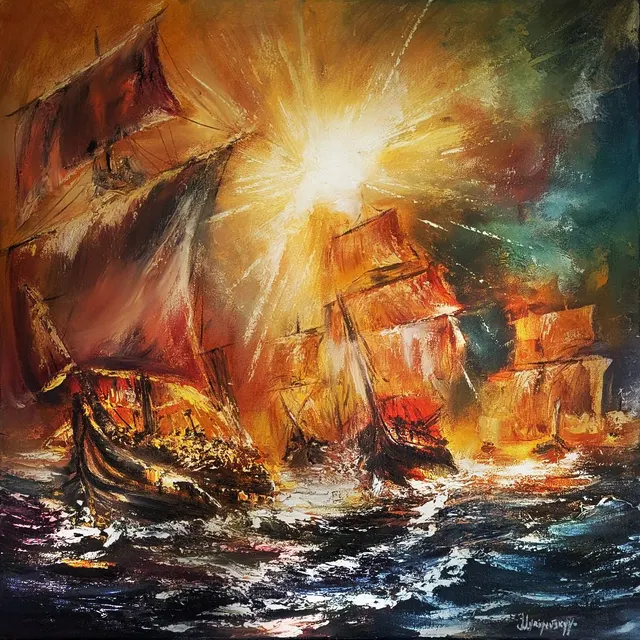Sailboats at sunset — original impressionist oil painting by Volodymyr Myriyevskyy, 60 × 60 cm (24″ × 24″)
