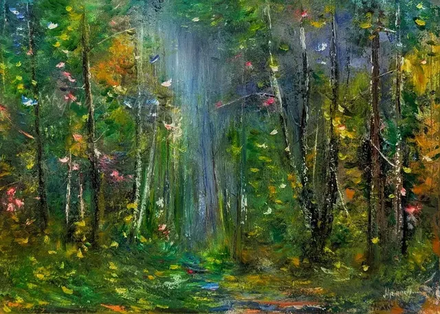 Misty forest path — original impressionist oil painting by Volodymyr Myriyevskyy, 70 × 50 cm (28″ × 20″)