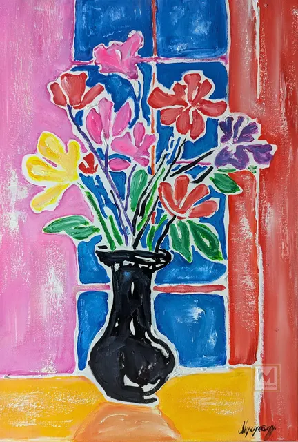 Flowers in a vase — original impressionist oil painting by Volodymyr Myriyevskyy, 40 × 60 cm (16″ × 24″)
